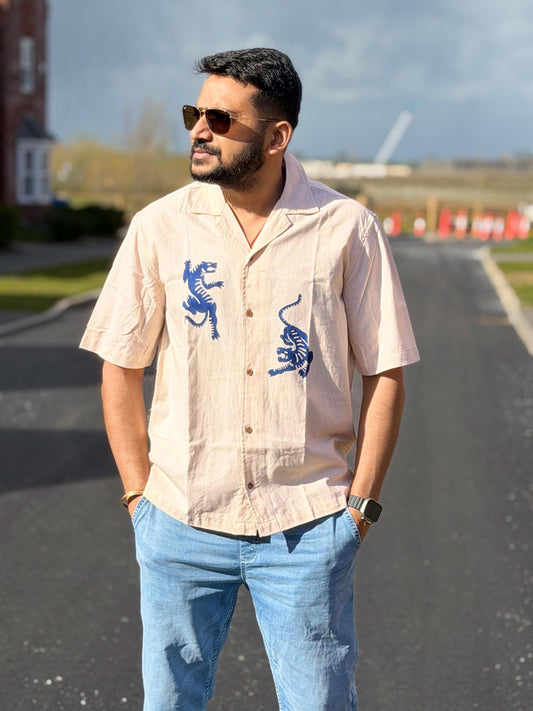 Baagh Tiger Block Print Linen Cotton Shirt – Salmon Pink Resort Wear
