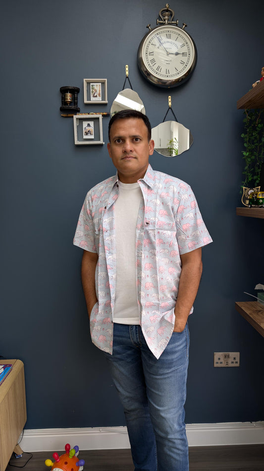 Elephant Cotton Candy Shirt - Handmade Block Print Shirt - Resort Wear - Unisex Style
