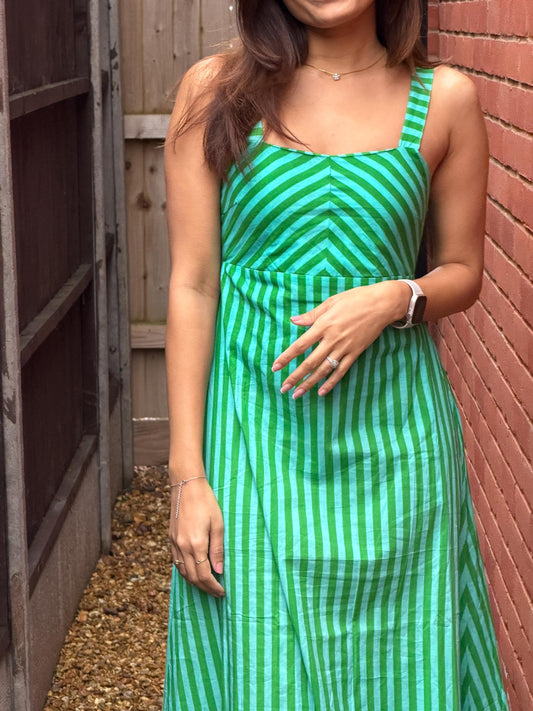 Emerald Clover Dress – Handmade block printed Cotton Maxi Dress | Green Stripes