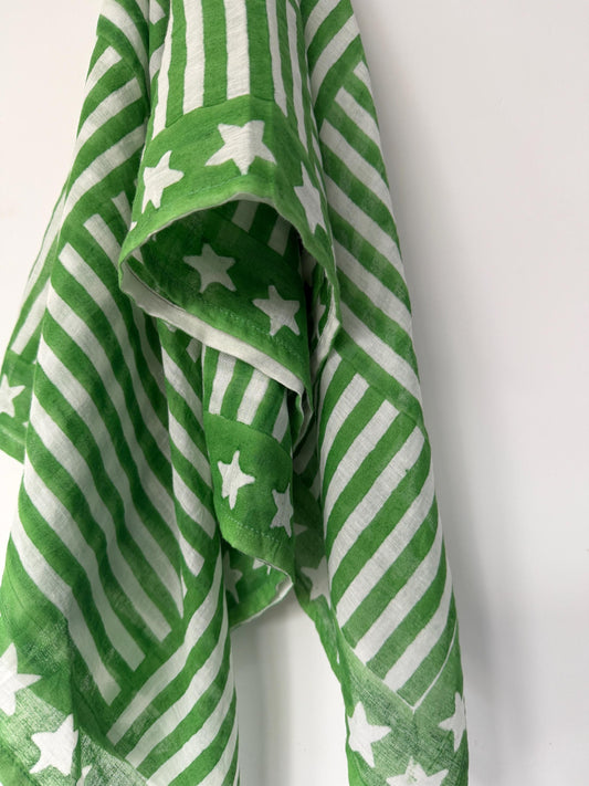 Emerald Star - Oversized Hand Block Printed Scarf – Large Square Cotton Wrap for Women