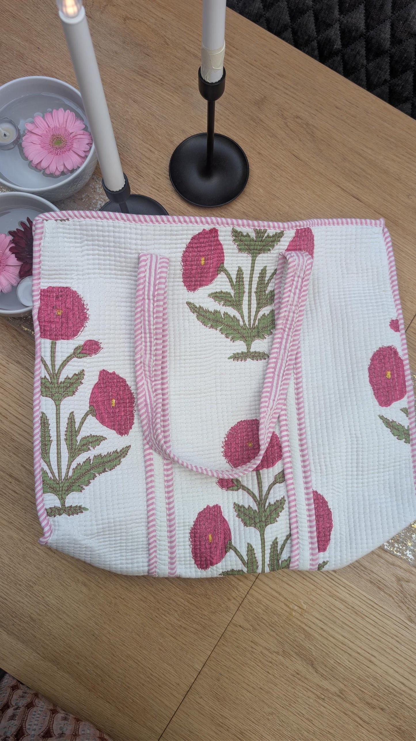 Hand Block Printed Quilted Tote Bag: Floral English Rose, Lined Zipper Bag