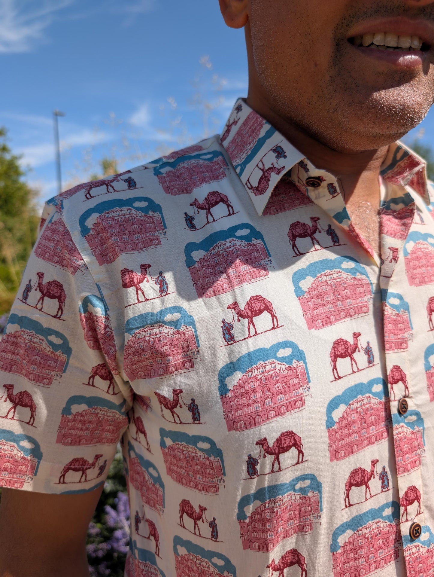 Hawa Mahal Camel Print Cotton Shirt: Handmade block print - Jaipur India Cityscape Resort Wear