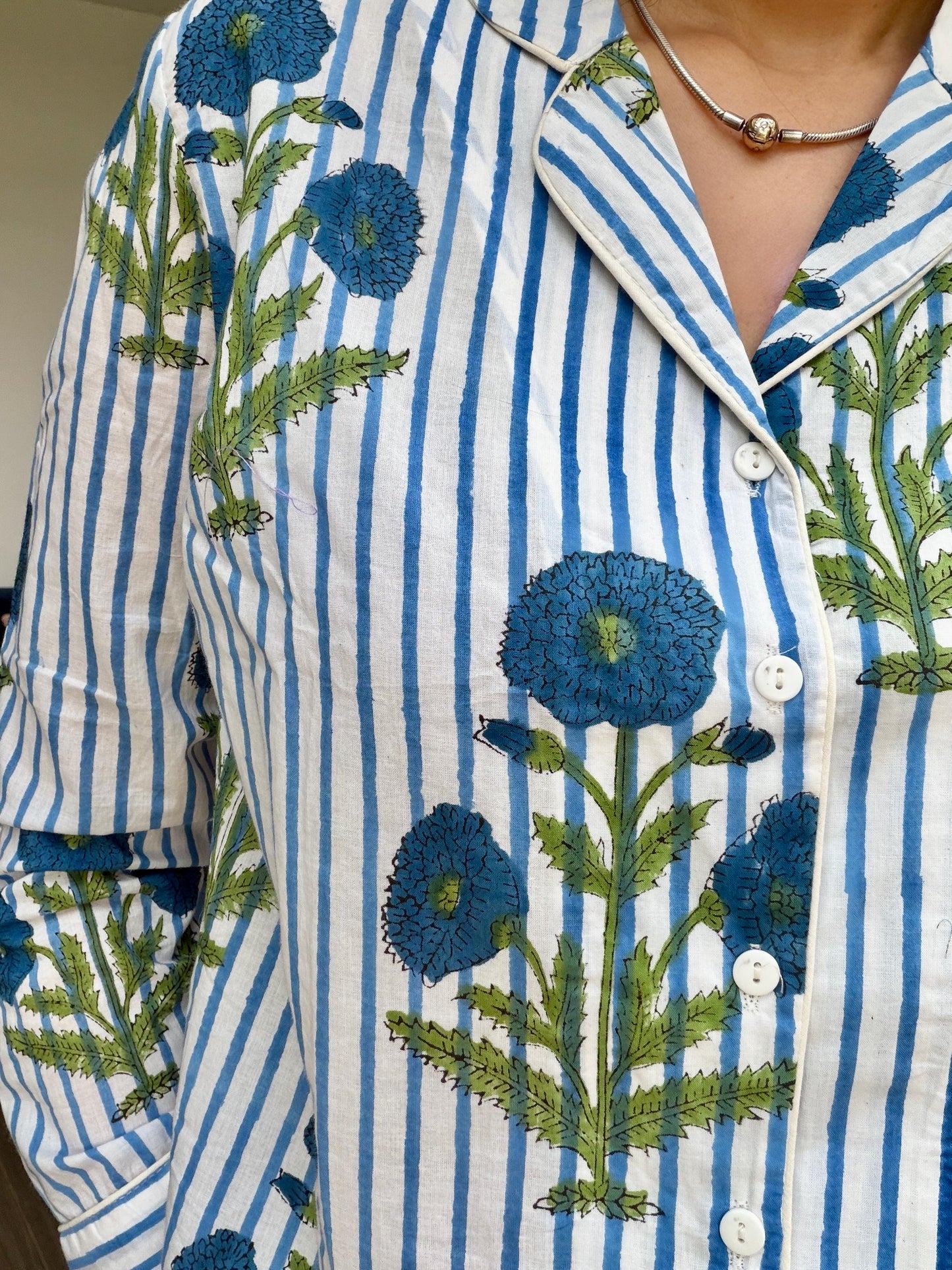 Stripe Floral Long Pyjama Set - Hand Block Printed Cotton PJ Set for Women | Handmade Sleepwear