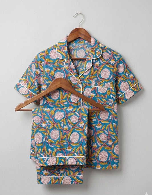 Teal Floral Short Pyjama Set - Hand Block Printed Cotton Floral PJ Set for Women | Handmade Loungewear