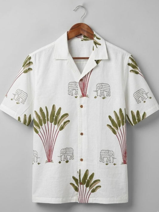 Tropical Elephant Cotton Shirt - Handmade Block Printed - Palm & Elephant pattern Resort Wear