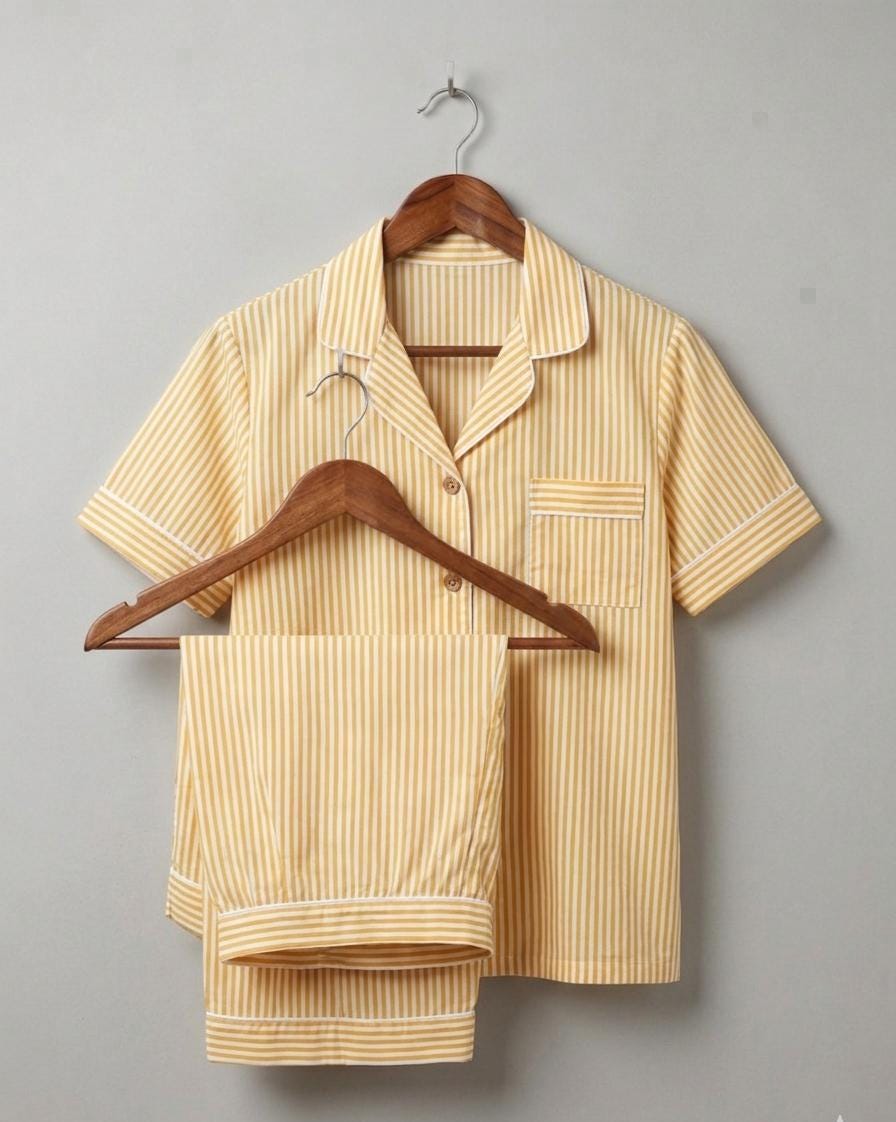 Butter Yellow Short Pyjama Set - Hand Block Printed Cotton Striped PJ Set for Women | Handmade Loungewear
