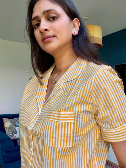 Butter Yellow Short Pyjama Set - Hand Block Printed Cotton Striped PJ Set for Women | Handmade Loungewear