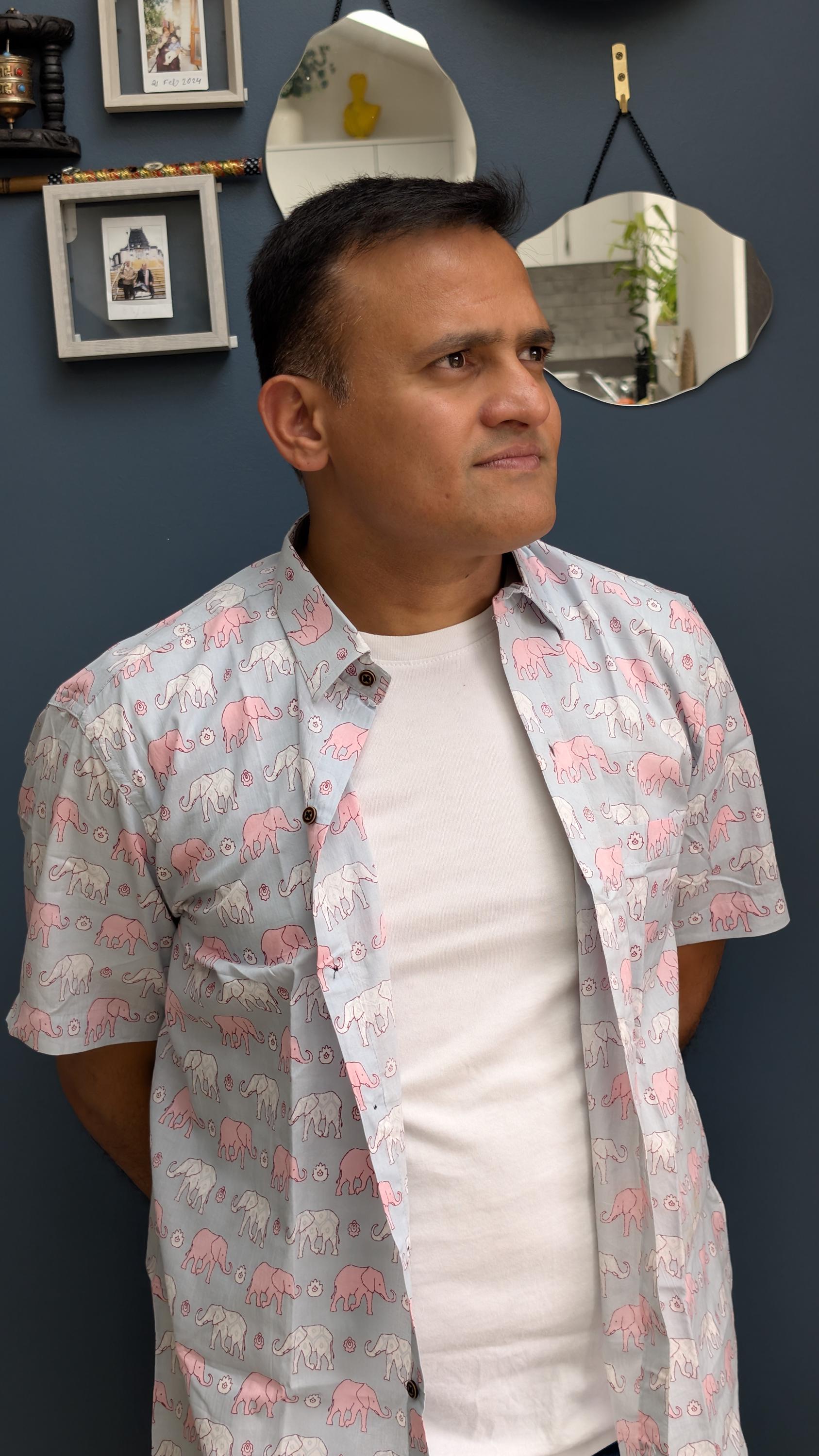 Elephant Cotton Candy Shirt - Handmade Block Print Shirt - Resort Wear - Unisex Style