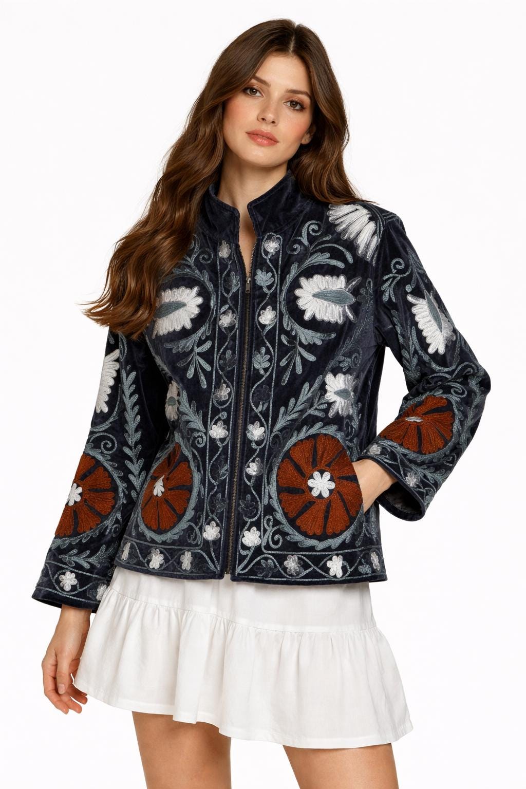 Embroidered Velvet Jacket  -  Bohemian Statement Velvet Coat | Free Size upto UK 16/18