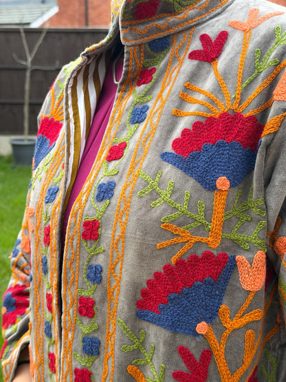 Embroidered Velvet Jacket – Earth & Ember Floral Pomegranate Motifs, Free Size