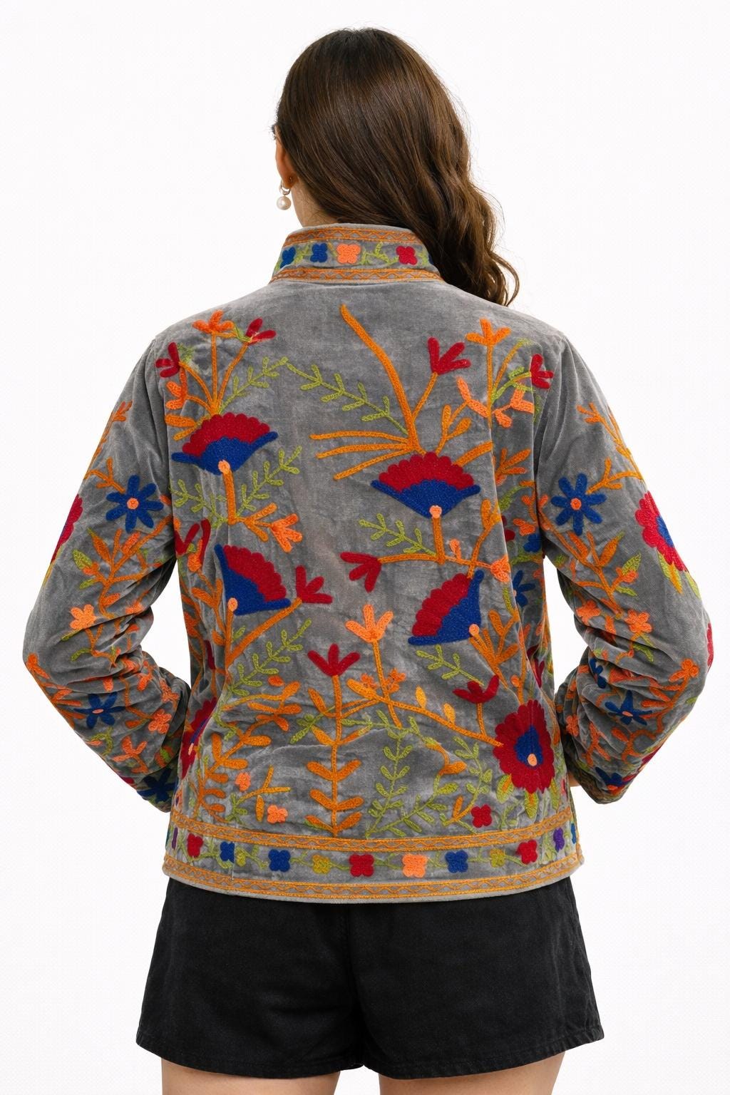 Embroidered Velvet Jacket – Earth & Ember Floral Pomegranate Motifs, Free Size