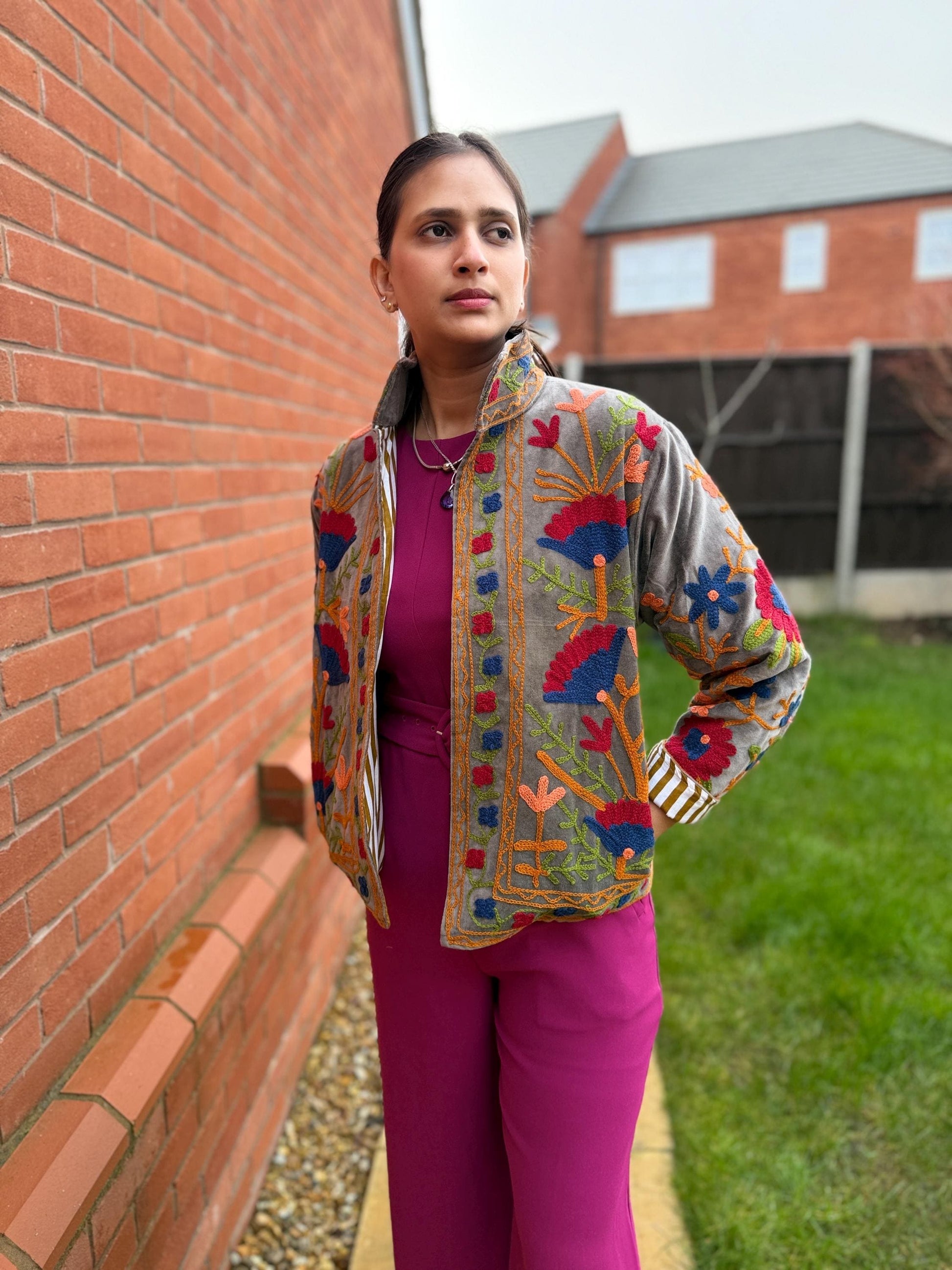 Embroidered Velvet Jacket – Earth & Ember Floral Pomegranate Motifs, Free Size