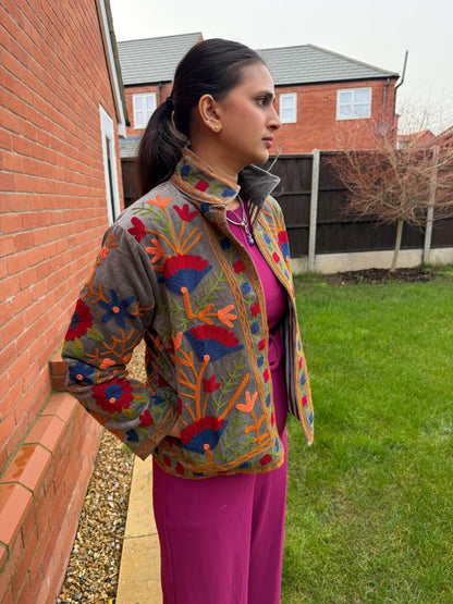 Embroidered Velvet Jacket – Earth & Ember Floral Pomegranate Motifs, Free Size