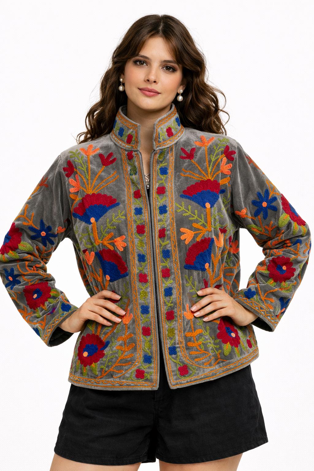 Embroidered Velvet Jacket – Earth & Ember Floral Pomegranate Motifs, Free Size