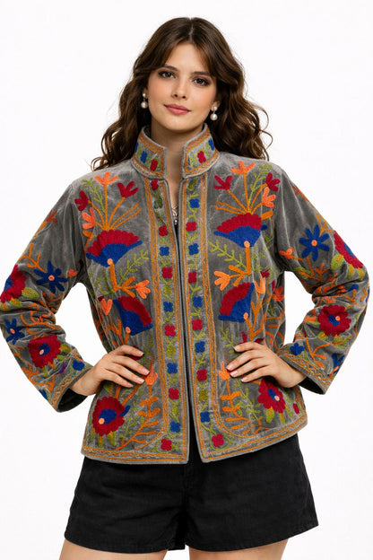 Embroidered Velvet Jacket – Earth & Ember Floral Pomegranate Motifs, Free Size
