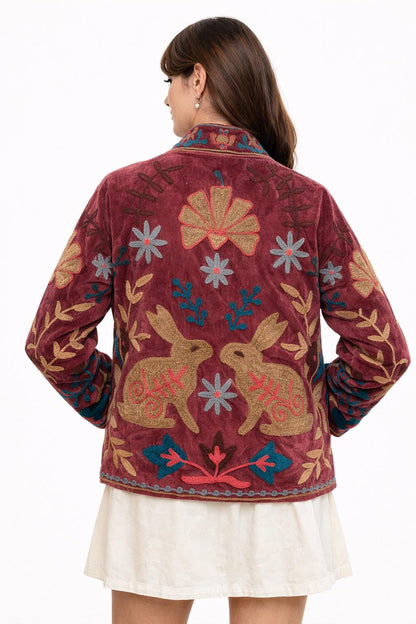Embroidered Velvet Jacket – Earth & Ember Floral Pomegranate Motifs, Free Size