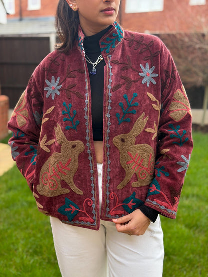 Embroidered Velvet Jacket – Earth & Ember Floral Pomegranate Motifs, Free Size