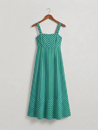 Emerald Clover Dress – Handmade block printed Cotton Maxi Dress | Green Stripes