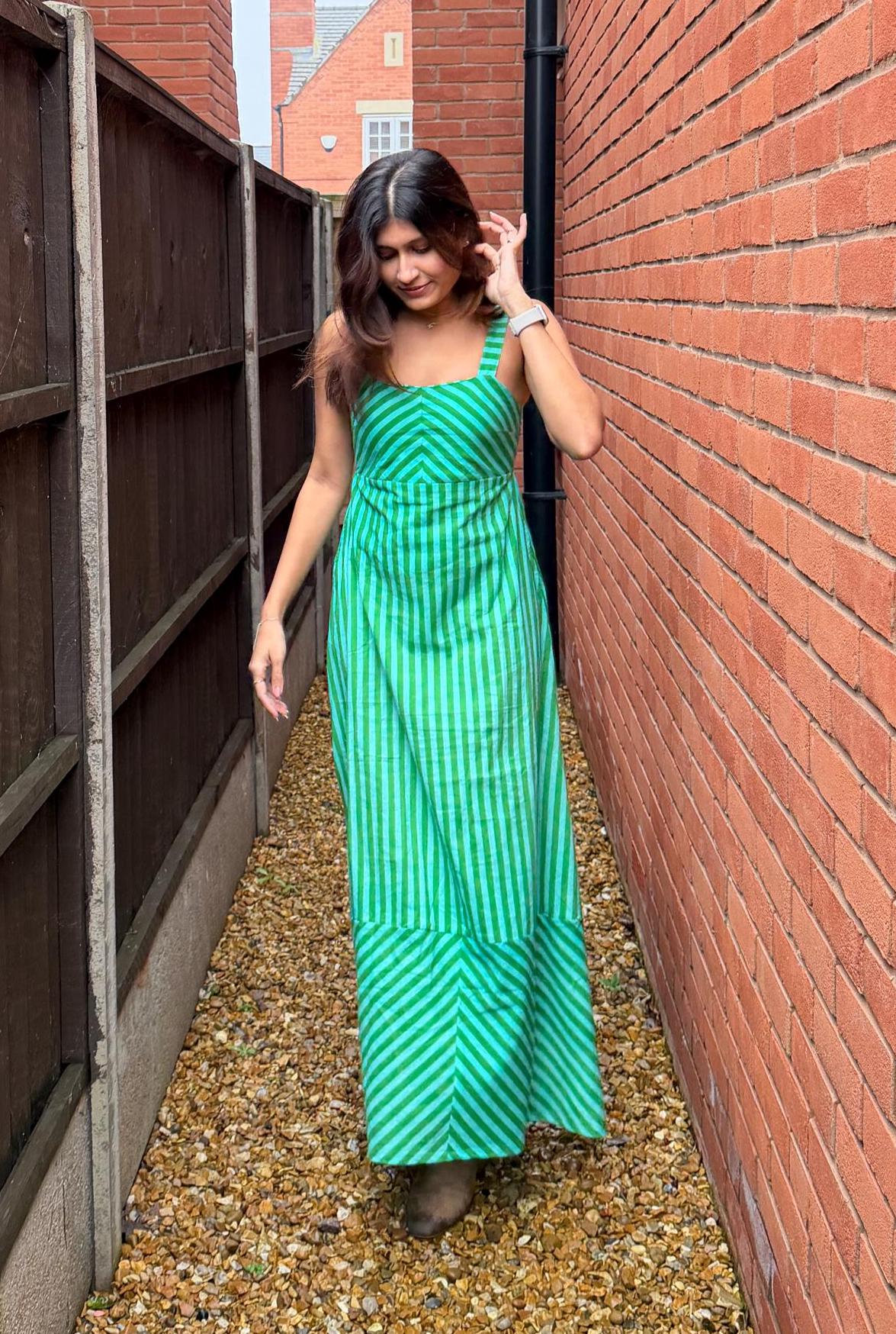 Emerald Clover Dress – Handmade block printed Cotton Maxi Dress | Green Stripes