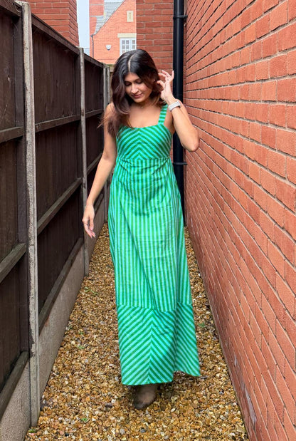 Emerald Clover Dress – Handmade block printed Cotton Maxi Dress | Green Stripes