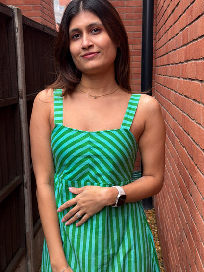 Emerald Clover Dress – Handmade block printed Cotton Maxi Dress | Green Stripes