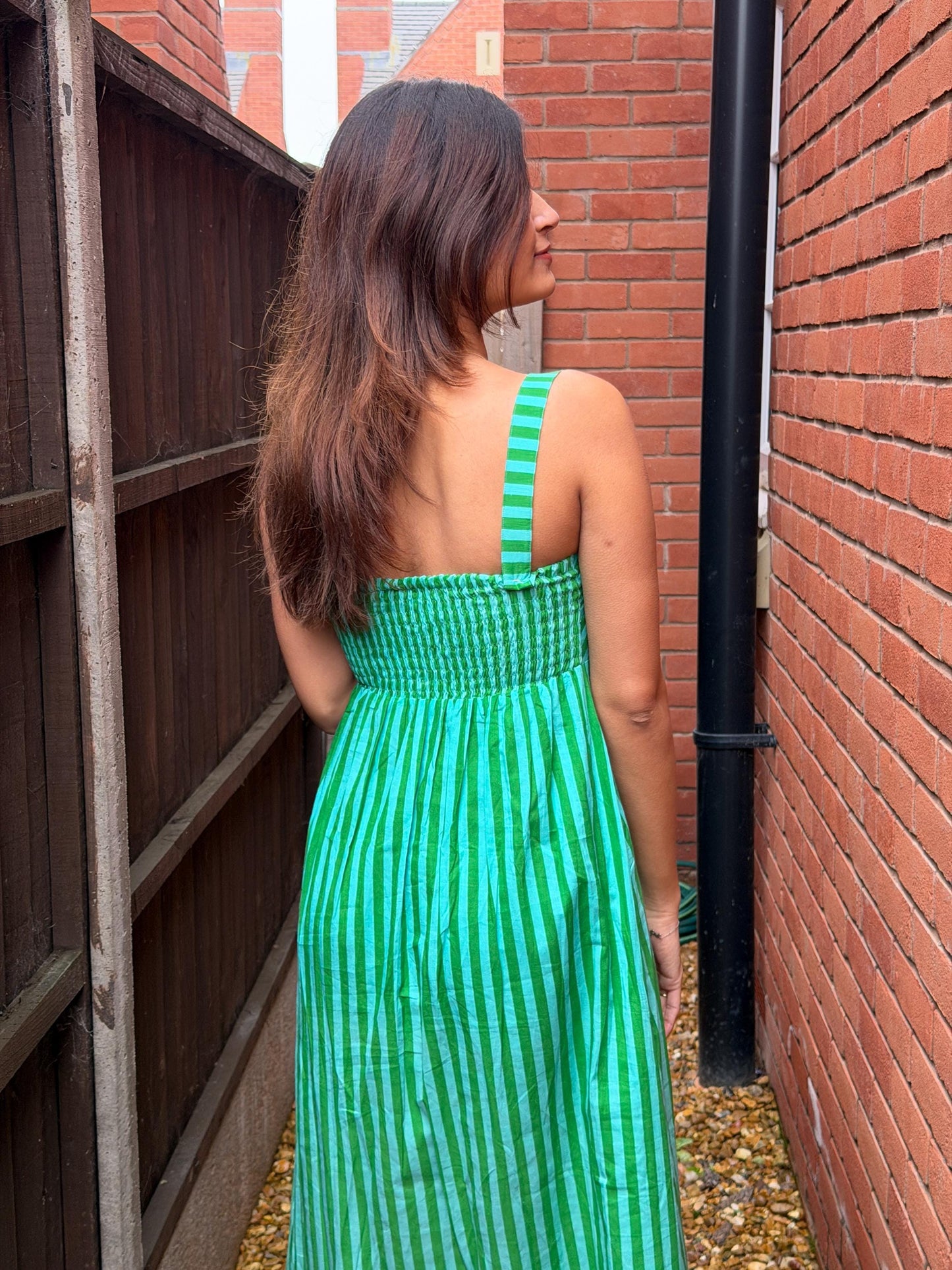 Emerald Clover Dress – Handmade block printed Cotton Maxi Dress | Green Stripes