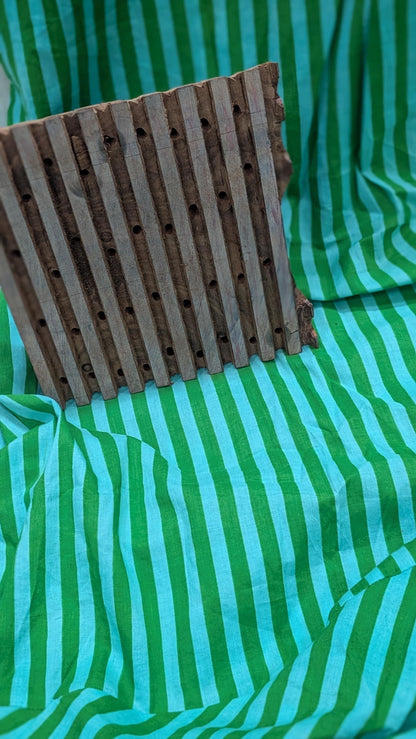 Emerald Clover Dress – Handmade block printed Cotton Maxi Dress | Green Stripes