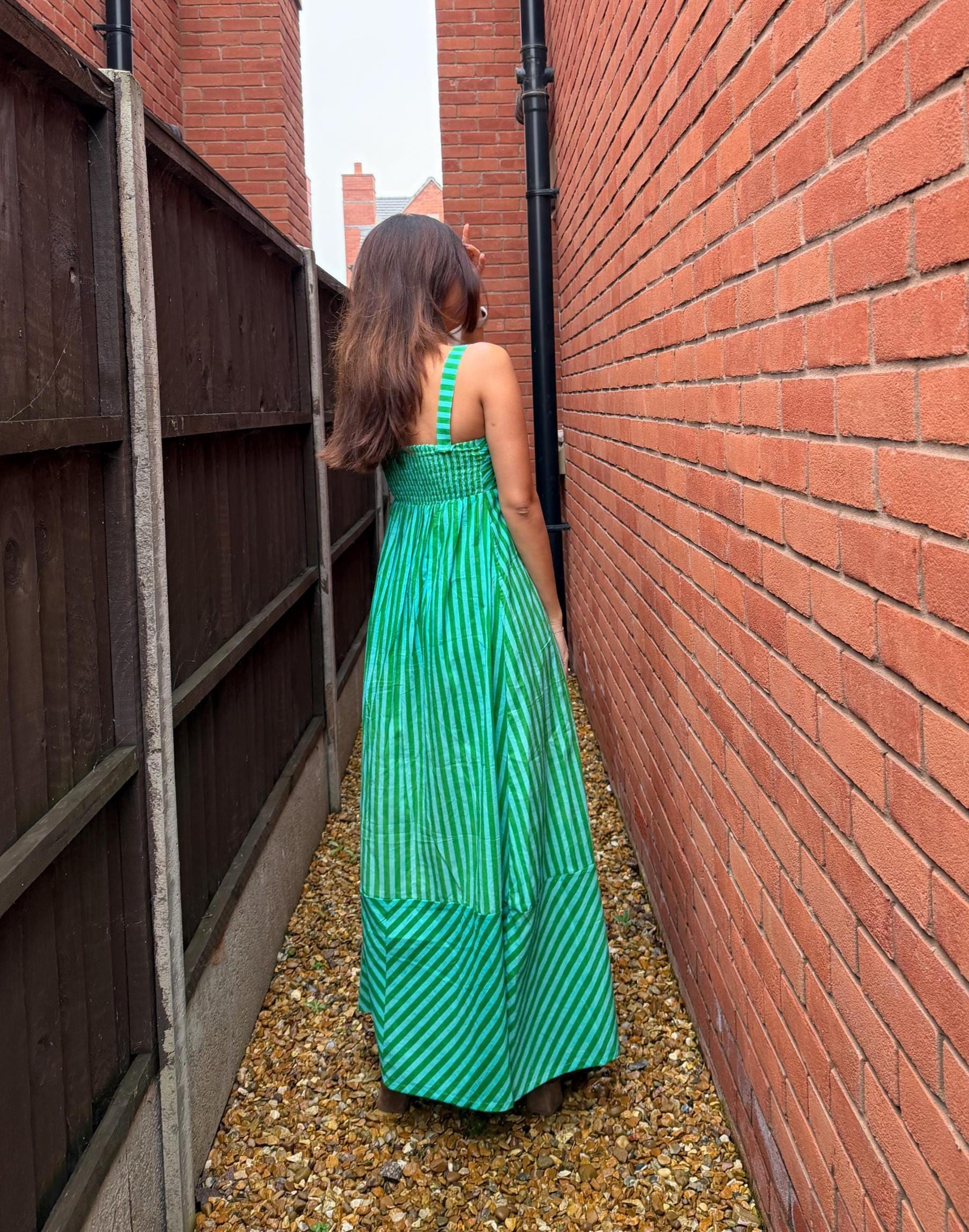 Emerald Clover Dress – Handmade block printed Cotton Maxi Dress | Green Stripes