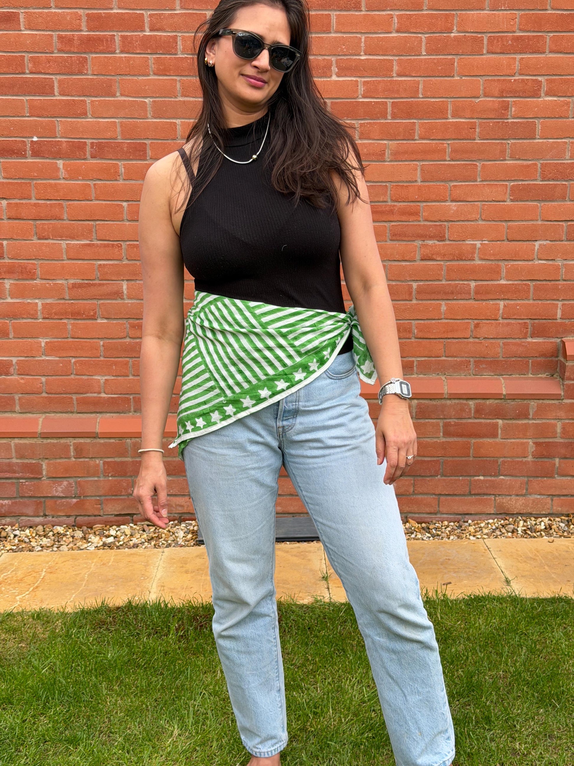 Emerald Star - Oversized Hand Block Printed Scarf – Large Square Cotton Wrap for Women