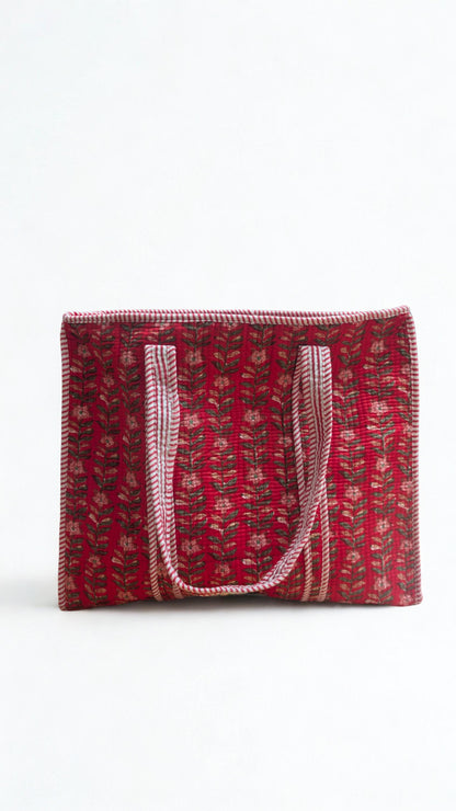 Hand Block Print Quilted Cotton Tote Bag: Holly Berry Floral