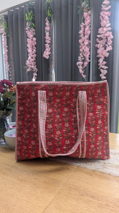 Hand Block Print Quilted Cotton Tote Bag: Holly Berry Floral