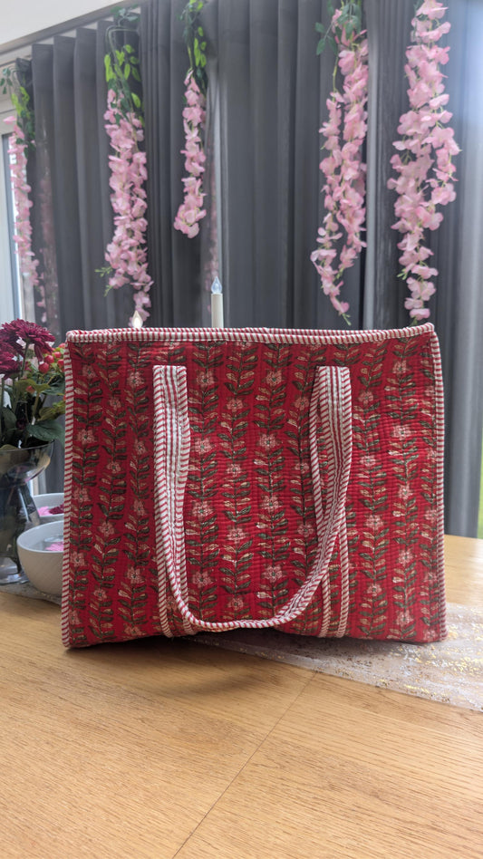 Hand Block Print Quilted Cotton Tote Bag: Holly Berry Floral