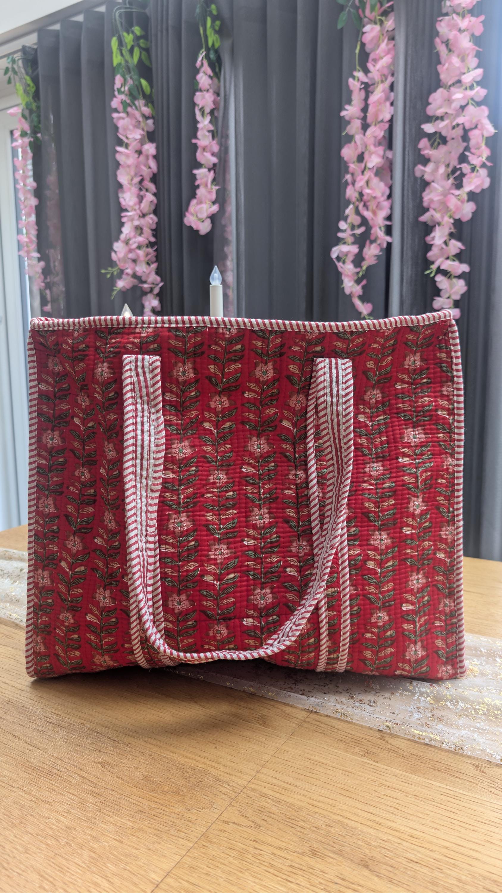 Hand Block Print Quilted Cotton Tote Bag: Holly Berry Floral