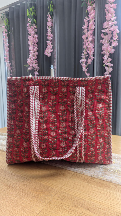 Hand Block Print Quilted Cotton Tote Bag: Holly Berry Floral