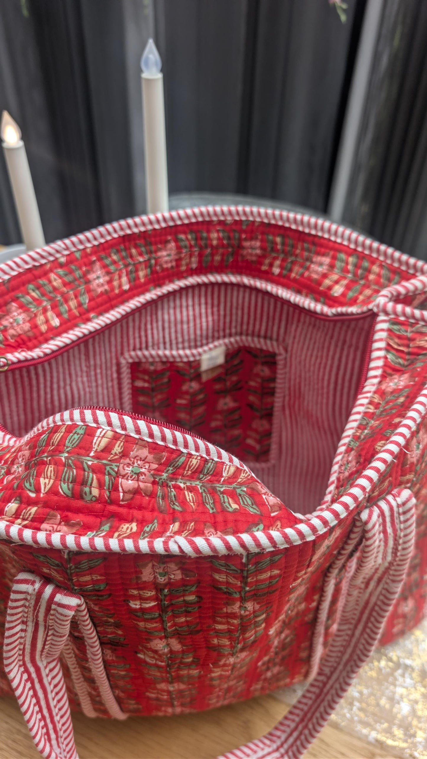 Hand Block Print Quilted Cotton Tote Bag: Holly Berry Floral