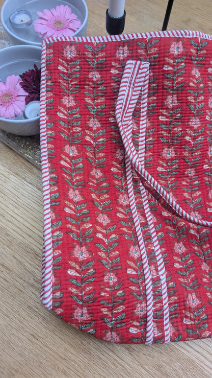 Hand Block Print Quilted Cotton Tote Bag: Holly Berry Floral