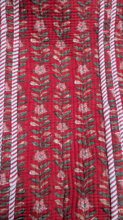 Hand Block Print Quilted Cotton Tote Bag: Holly Berry Floral