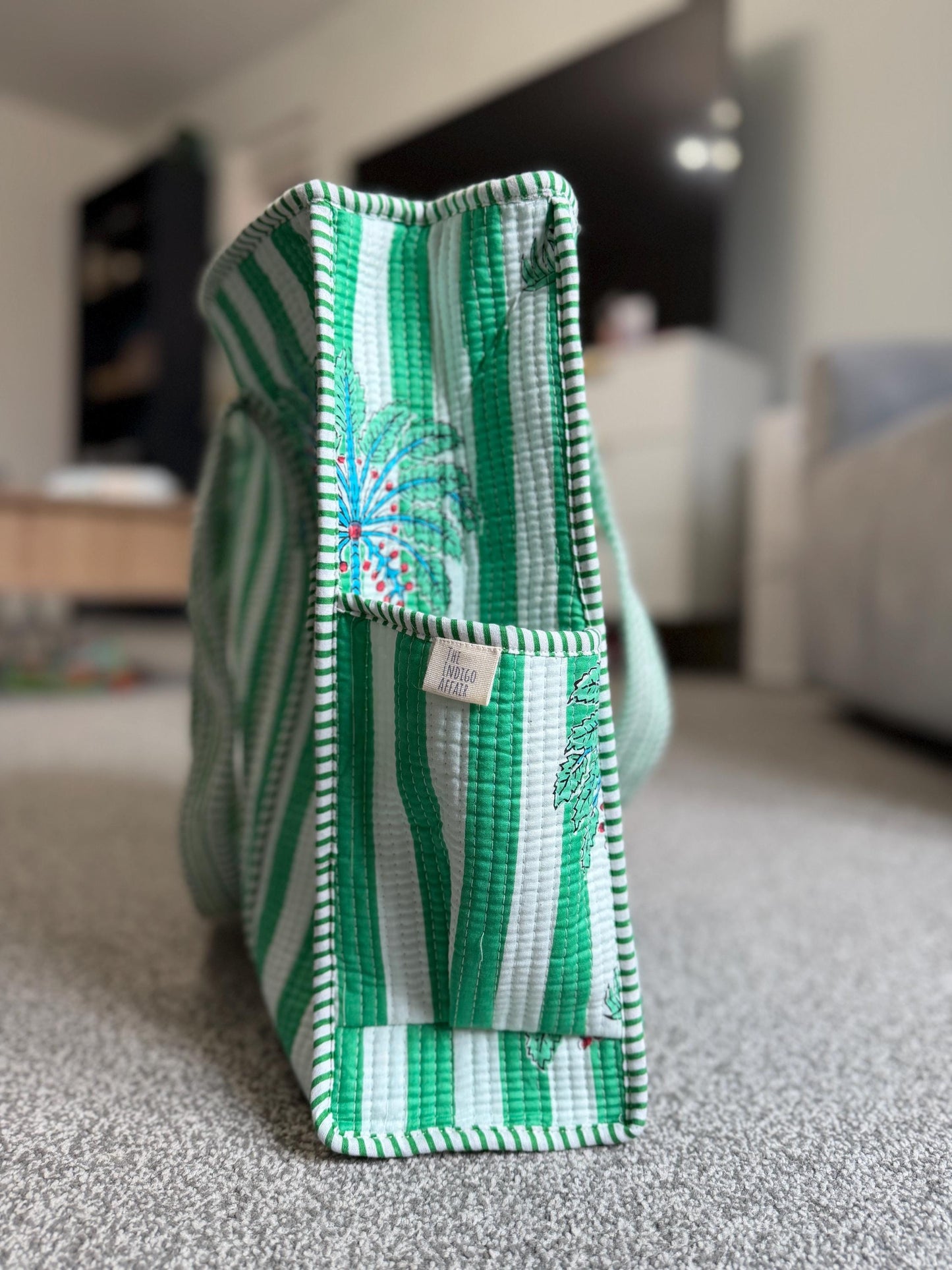 Hand Block Print Tote Bags : Quilted Cotton, Tumbler Pocket and Zipper