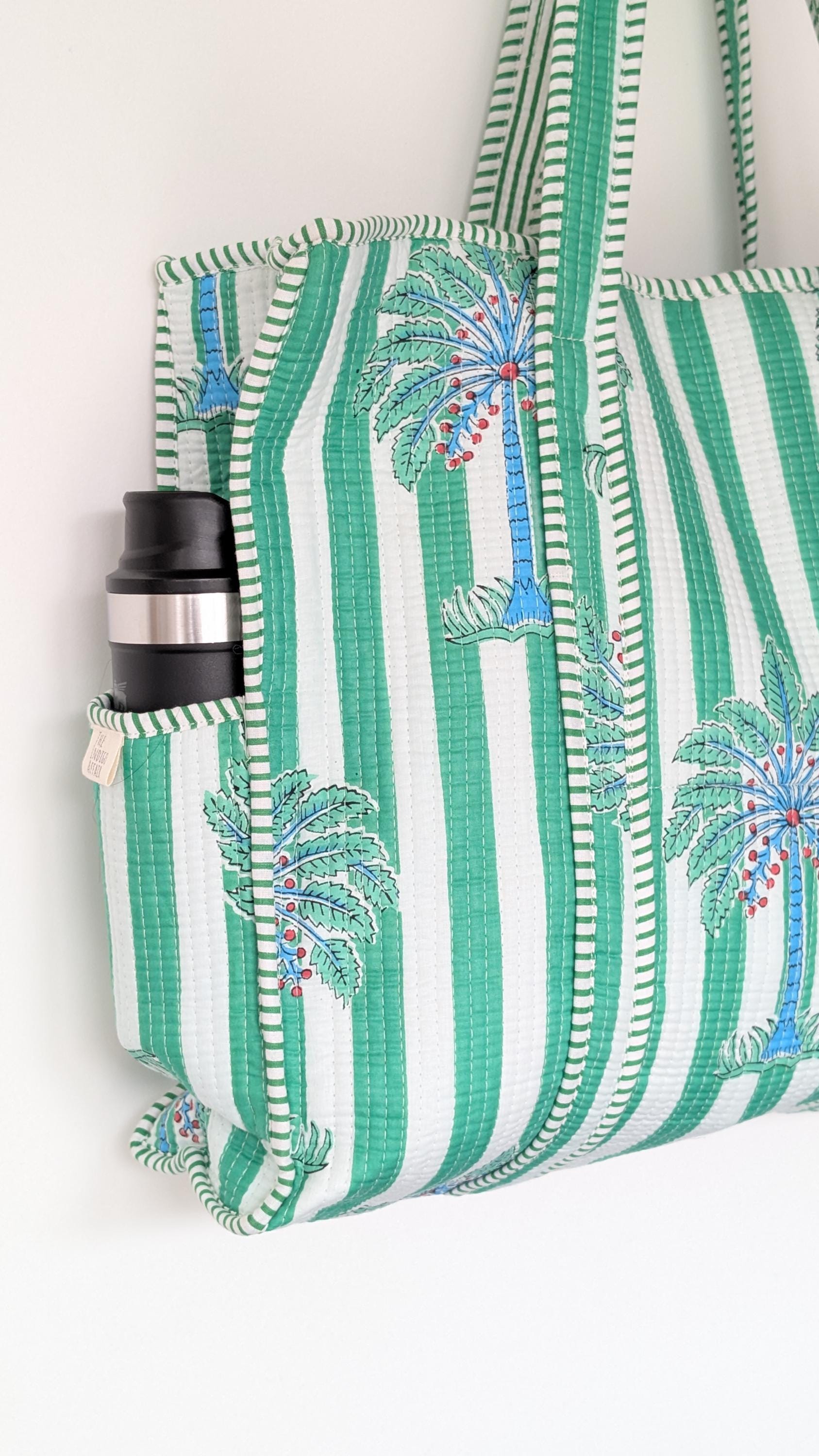 Hand Block Print Tote Bags : Quilted Cotton, Tumbler Pocket and Zipper
