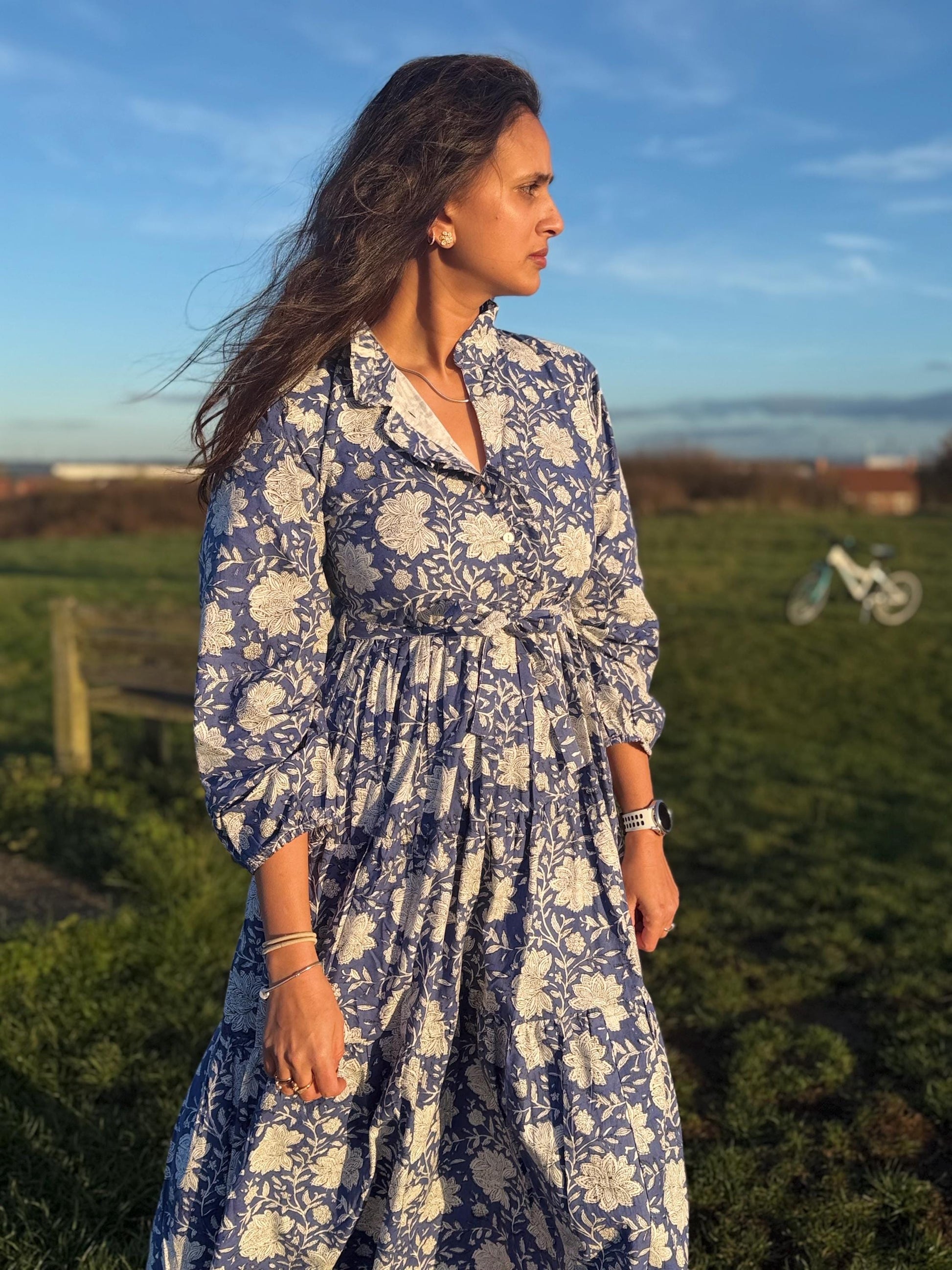 Hand Block Printed Cotton Maxi Dress - Ruffle Collar | Artisan Made for Winter and Spring