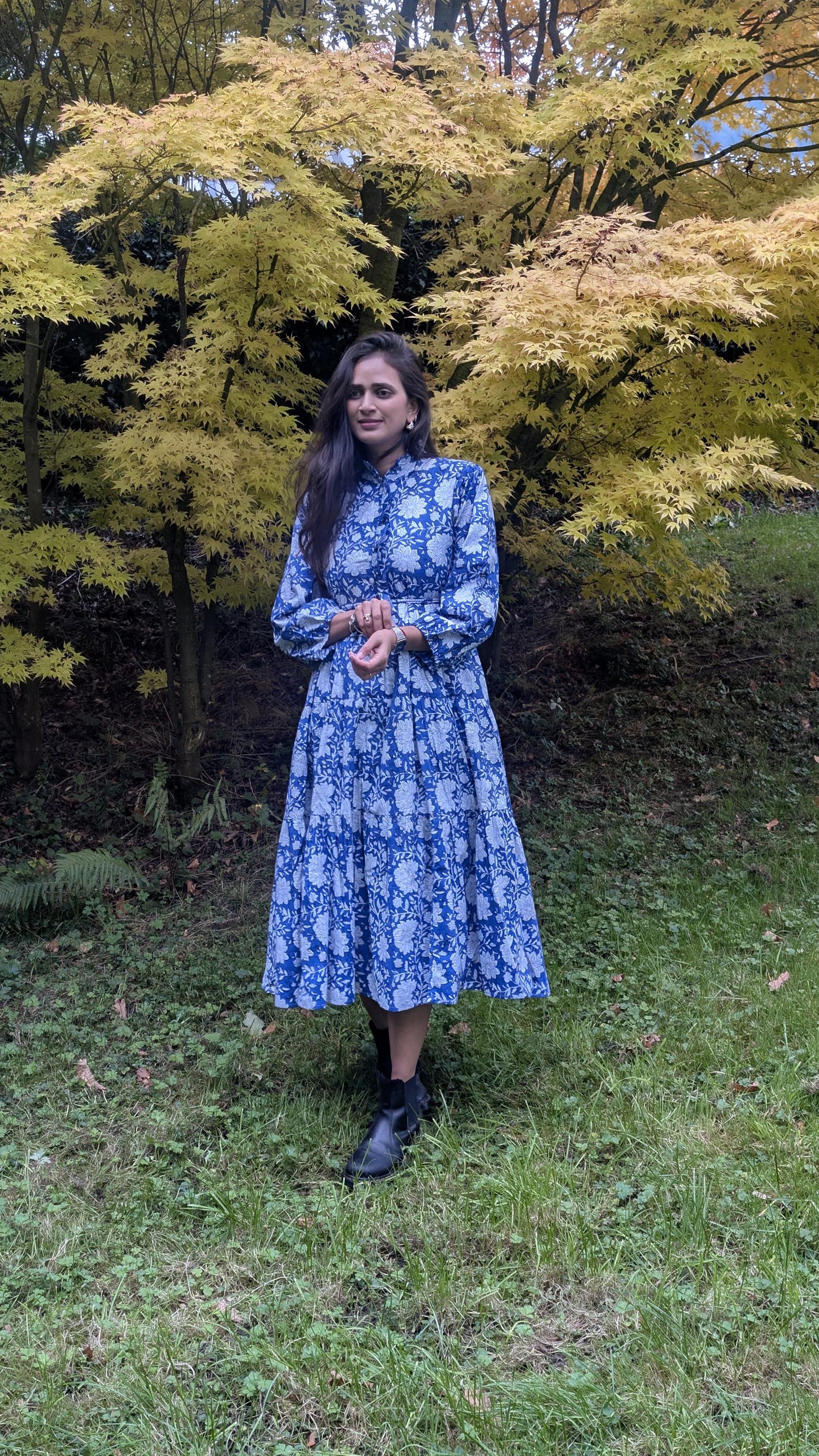 Hand Block Printed Cotton Maxi Dress - Ruffle Collar | Artisan Made for Winter and Spring