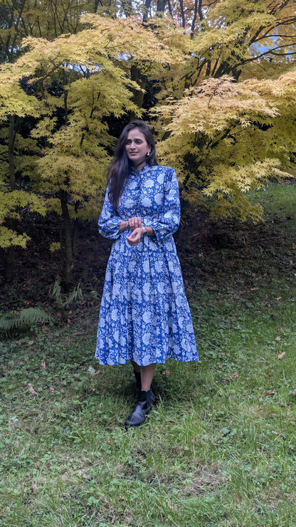 Hand Block Printed Cotton Maxi Dress - Ruffle Collar | Artisan Made for Winter and Spring