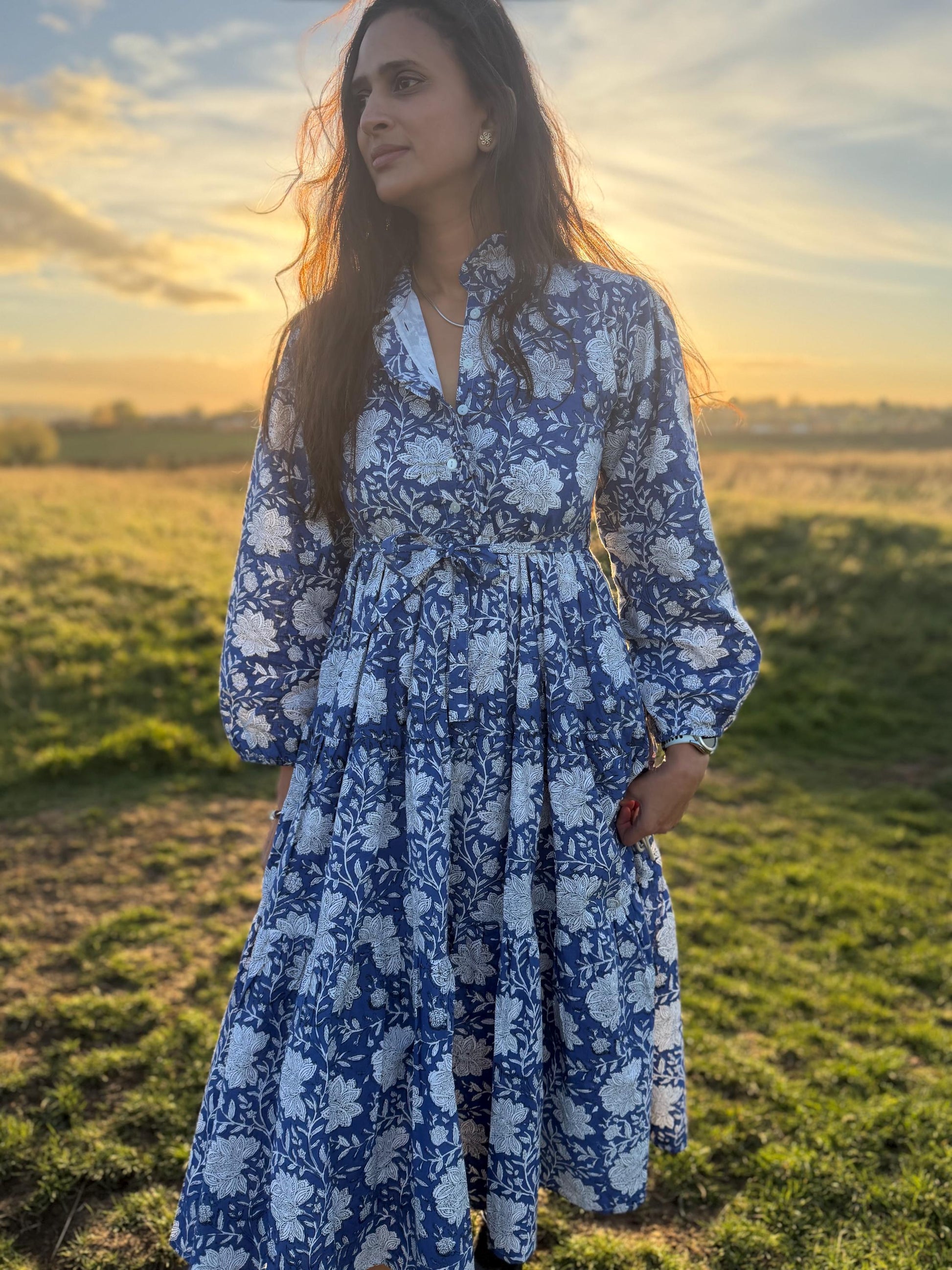 Hand Block Printed Cotton Maxi Dress - Ruffle Collar | Artisan Made for Winter and Spring