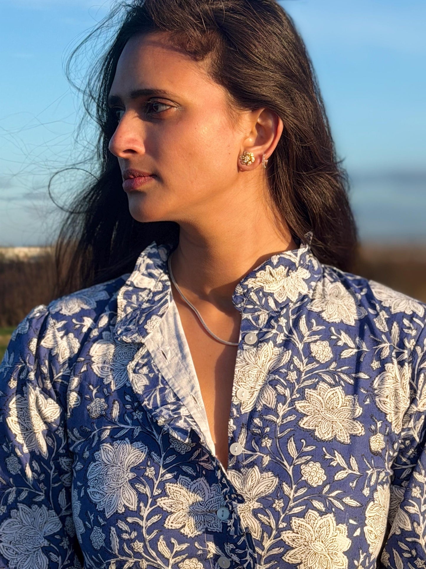 Hand Block Printed Cotton Maxi Dress - Ruffle Collar | Artisan Made for Winter and Spring