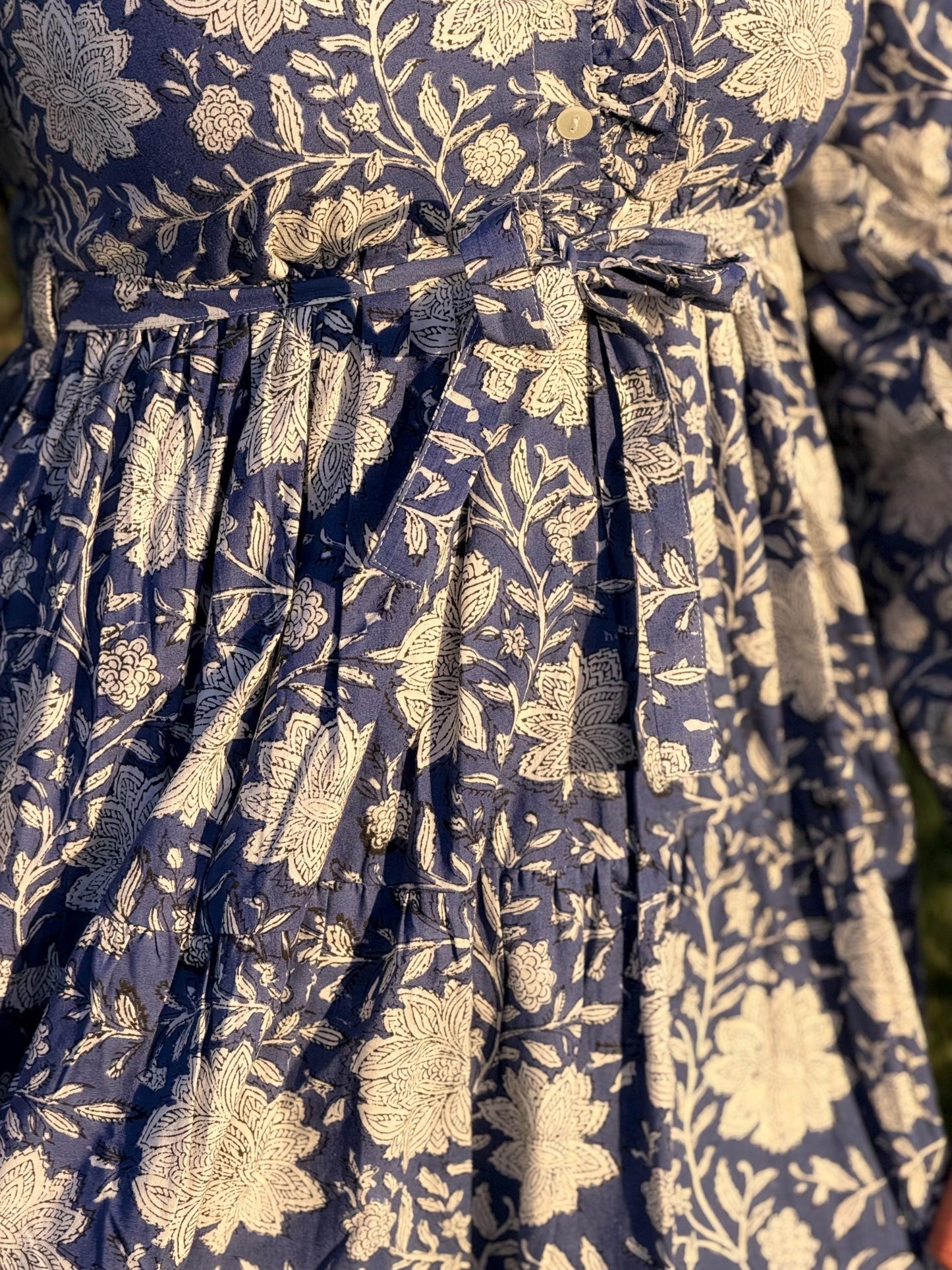 Hand Block Printed Cotton Maxi Dress - Ruffle Collar | Artisan Made for Winter and Spring
