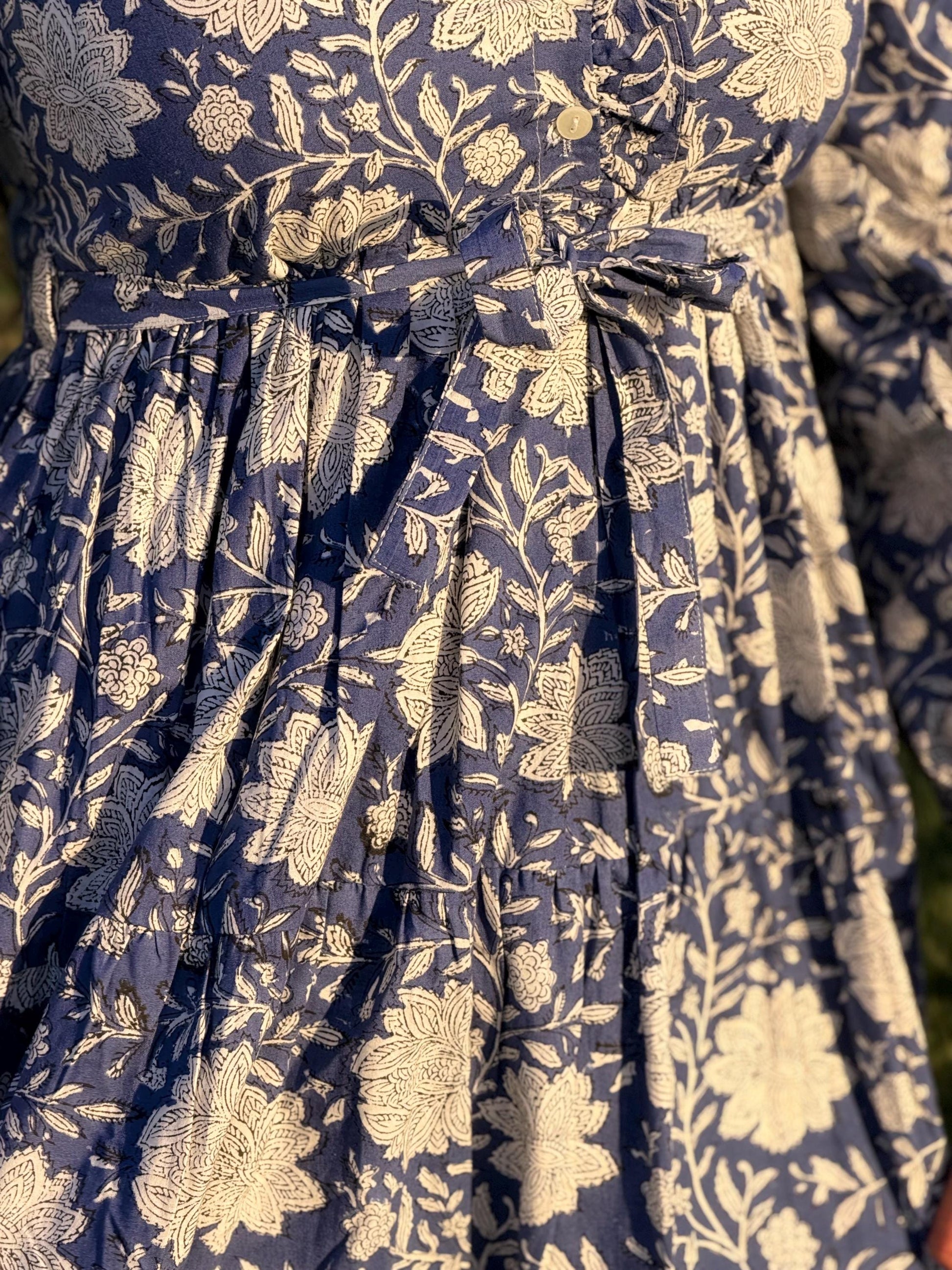 Hand Block Printed Cotton Maxi Dress - Ruffle Collar | Artisan Made for Winter and Spring