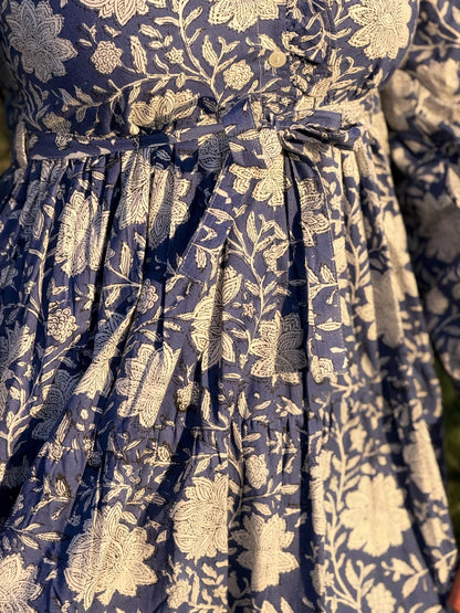 Hand Block Printed Cotton Maxi Dress - Ruffle Collar | Artisan Made for Winter and Spring