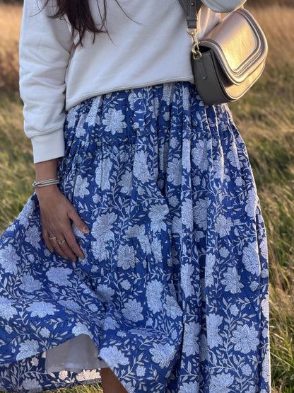 Hand Block Printed Cotton Maxi Dress - Ruffle Collar | Artisan Made for Winter and Spring
