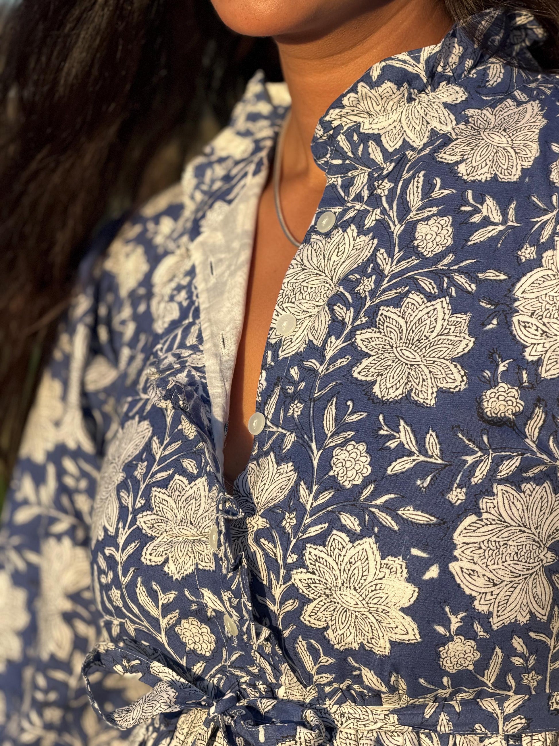 Hand Block Printed Cotton Maxi Dress - Ruffle Collar | Artisan Made for Winter and Spring