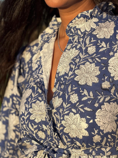 Hand Block Printed Cotton Maxi Dress - Ruffle Collar | Artisan Made for Winter and Spring